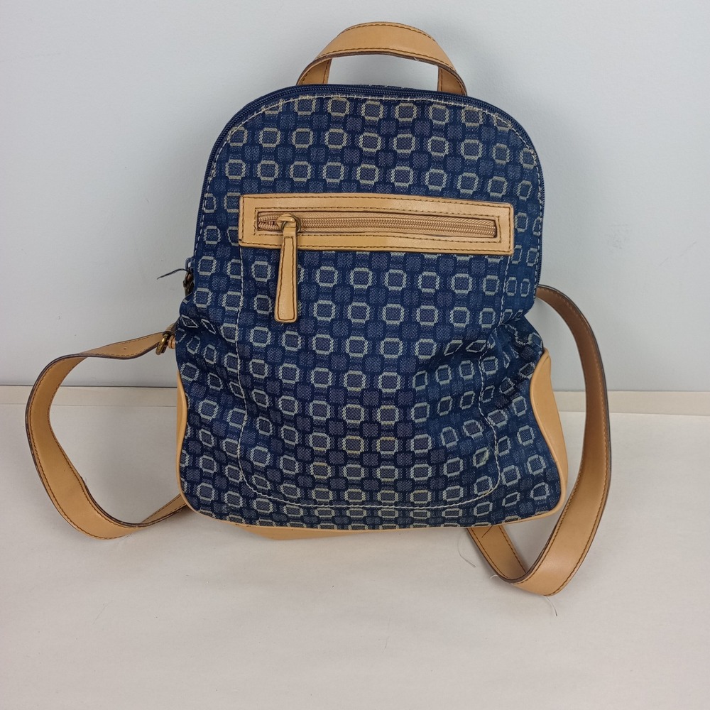 Nine West Womens S Blue Tan Monogram Faux Leather Y2K Small Mini Backpack